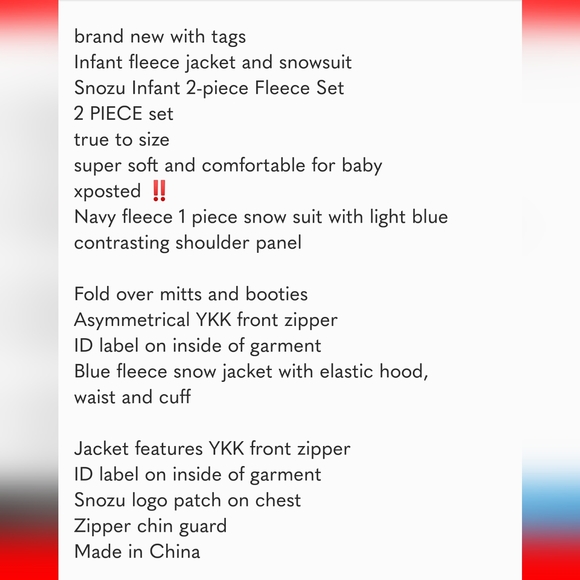 Snozu Infant 2-piece Fleece Set, jacket and snowsuit, Blue nwt - Picture 8 of 9